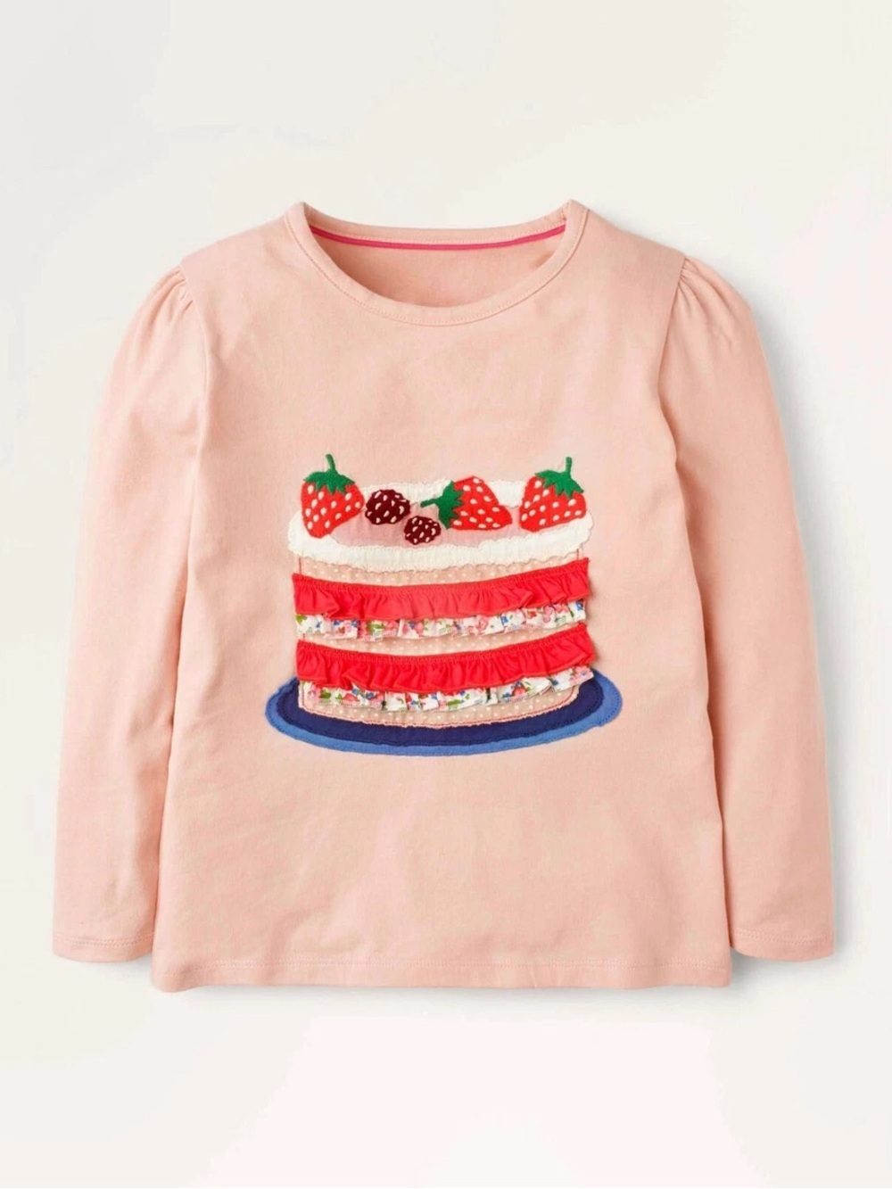 Mini Boden Pink Long-Sleeve Tee with Strawberry Cake Appliqué